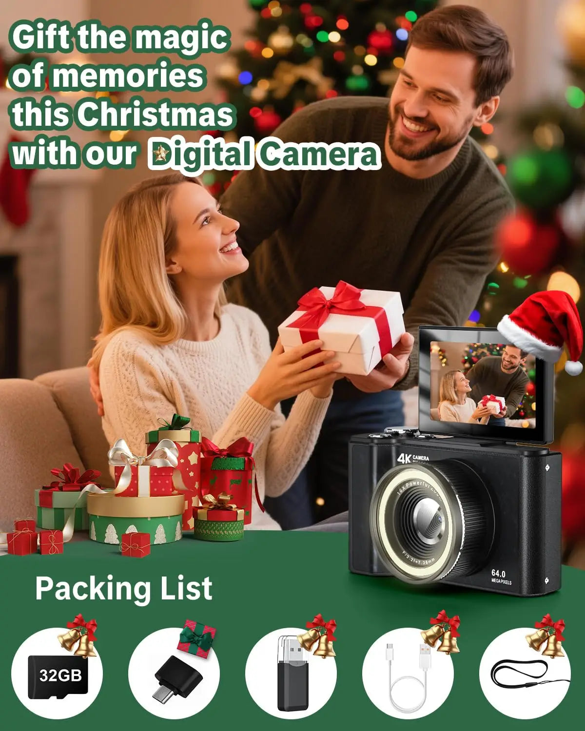 W&O 4K Digital Camera With Ring Light And Flip Screen