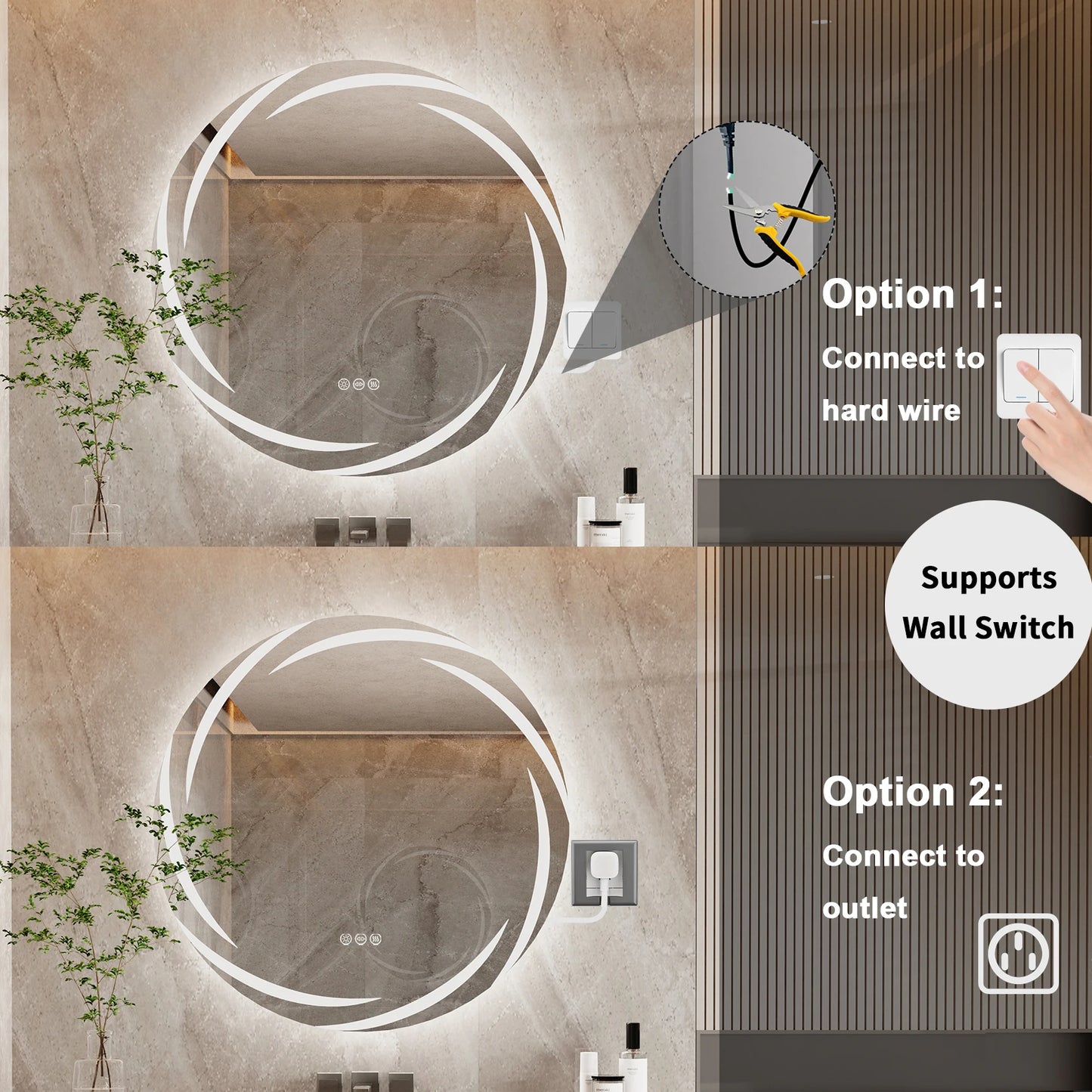 60/80CM LED Bathroom Mirror Circle Backlit HD Wall Antifog Vanity Mirror Shatterproof 3 Colors Lights Dimmable