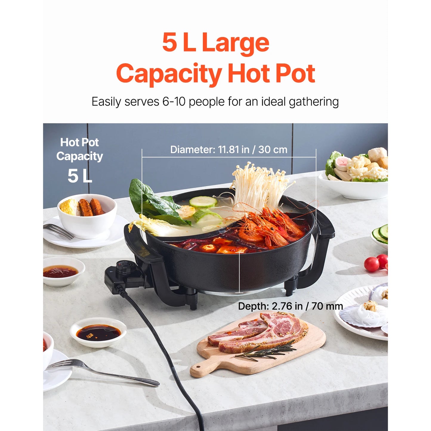 SucceBuy Electric Hot Pot 1360W 5 L Double-flavor Shabu Shabu Pot with Divider Chinese Hotpot for 6-10 People Family Dinning