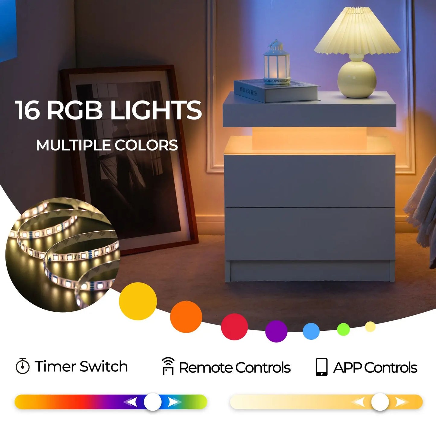 Cubehom Nightstand Set of 2 LED Nightstand with 2 Drawers,Night Stand  with LED Light,Bedside Table with Drawers for Bedroom