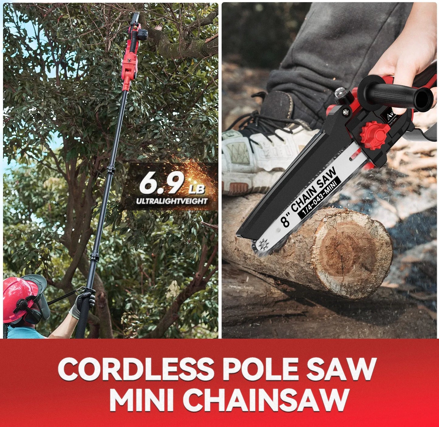 Avhrit 2-in-1 Mini Chainsaw & Electric Pole Pruner 8 Inch 8000 mAh (2×4.0Ah) Batteries Brushless Motor  Extendable Pole up to 4.9 m 120° Pivoting Cutting Head Automatic Lubrication System