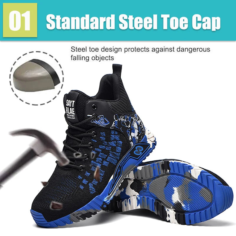 Camo Camouflage High Top Steel Toe Safety Work Boots for Men Women, Anti-Smash Puncture Resistant Breathable Indestructible Industrial Construction Safety Work Shoes