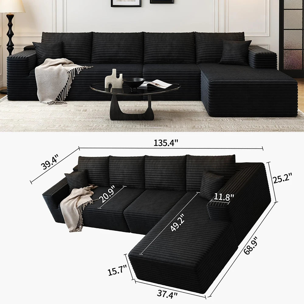 Cloud-style sectional sofa, with corduroy cover, fluffy memory foam cushions, easily assembled, modular recliner, large sofa set