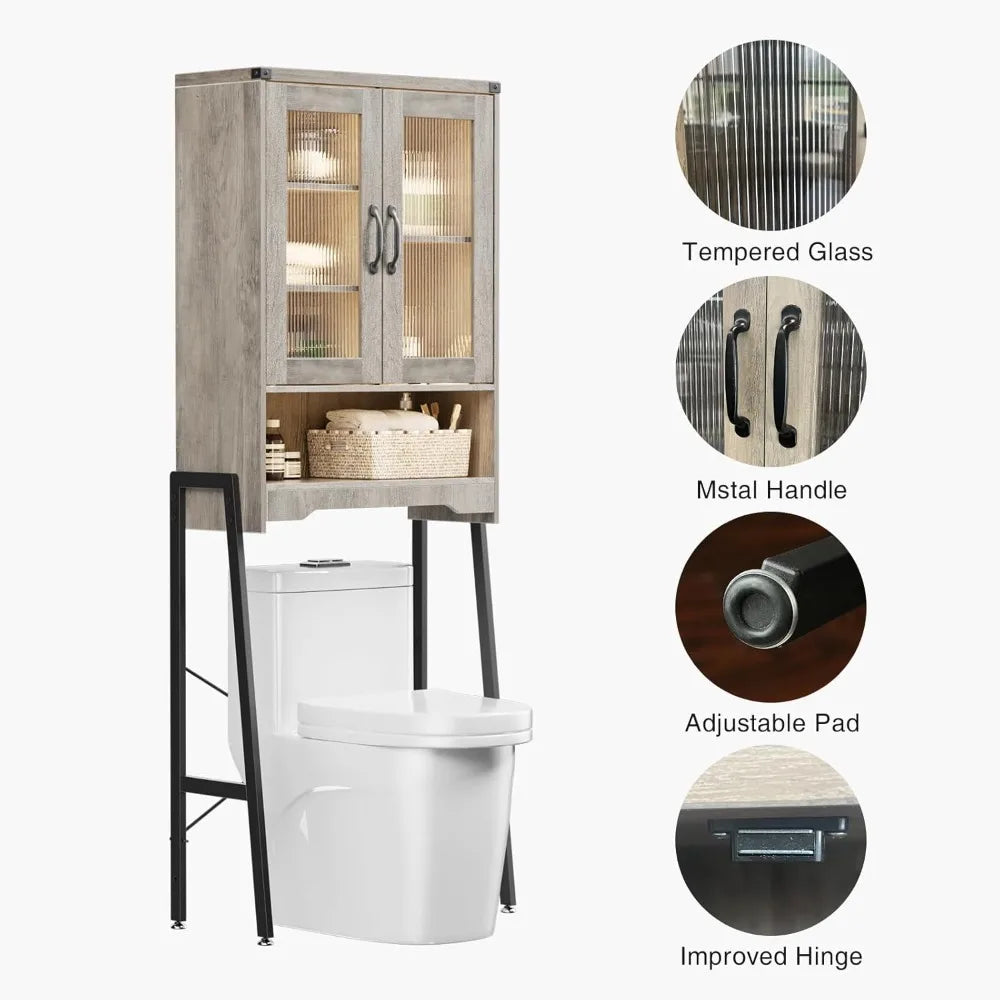 Bathroom Space-Saving Organizer: Metal Stand Over-the-Toilet Storage Cabinet with Tempered Glass Doors and Adjustable Shelves