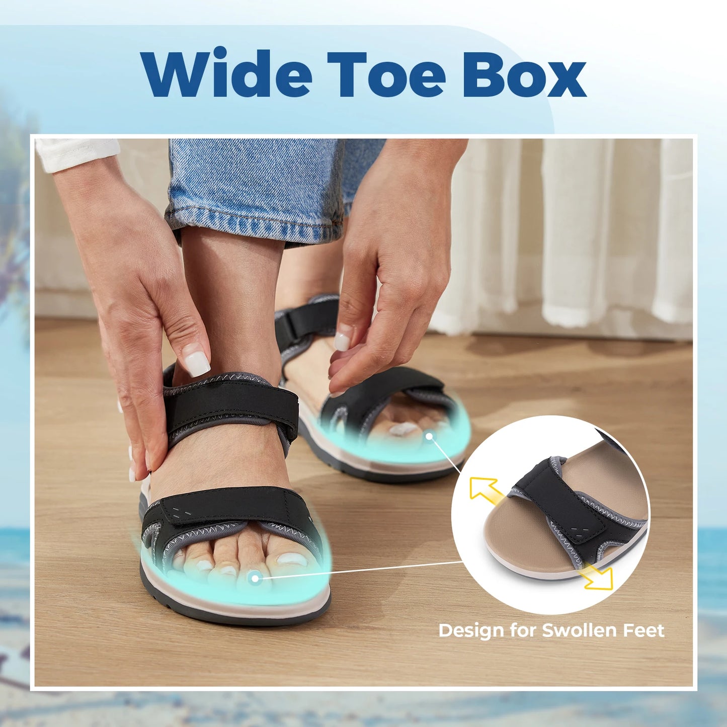 FitVille Women Orthopedic Summer Beach Flat Sandals Open Toe Orthotic Sandals Adjustable Ankle Strap, Wide Fit Arch Support Comfort Sandals for Swollen Feet, Flat Feet, High Instep & Foot Pain Relief