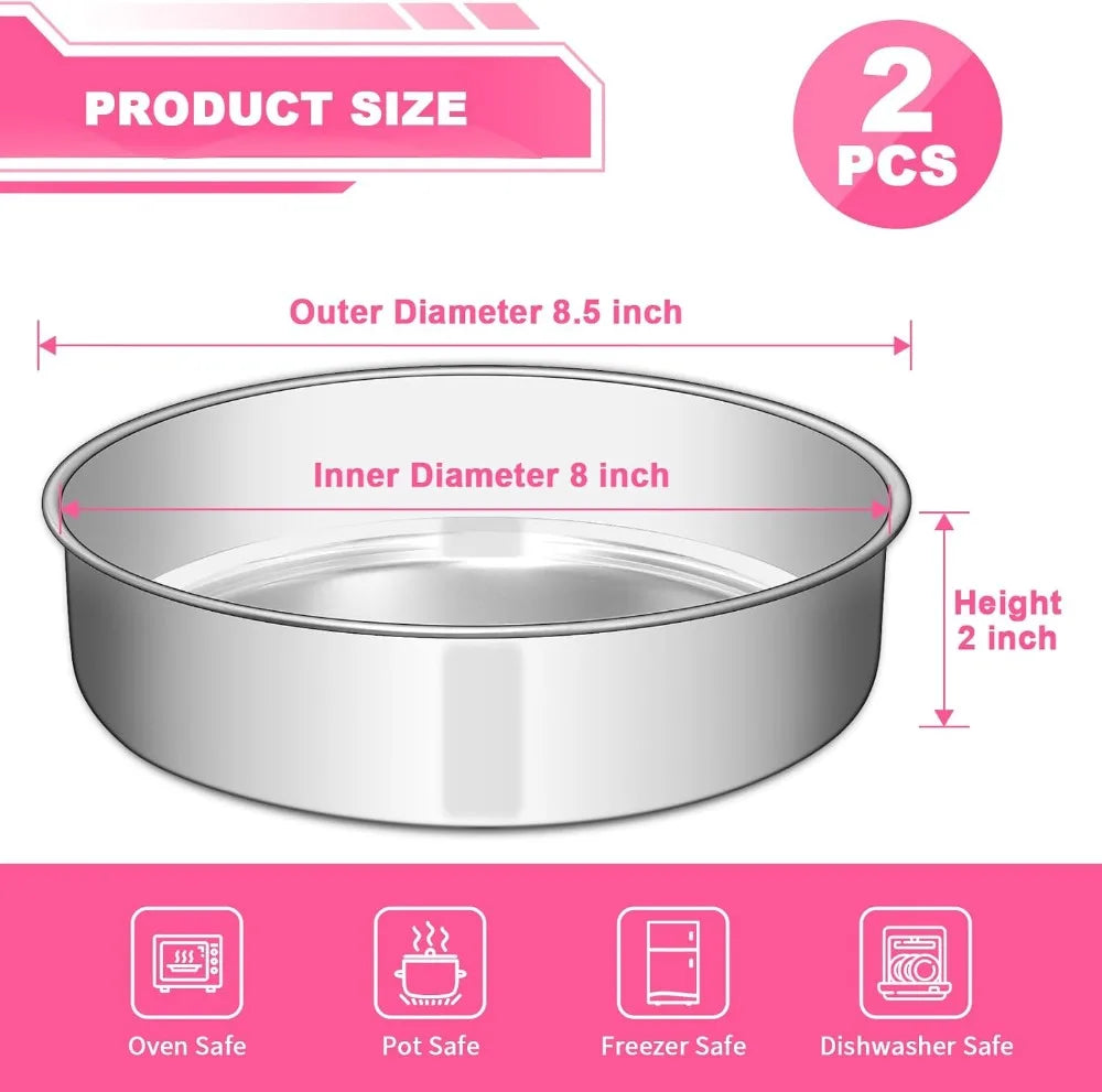 8 Inch Stainless Steel Cake Pan Set of 2, Round Layer Baking Pans, Non-Toxic, Leak-Proof, Easy Clean & Dishwasher Safe