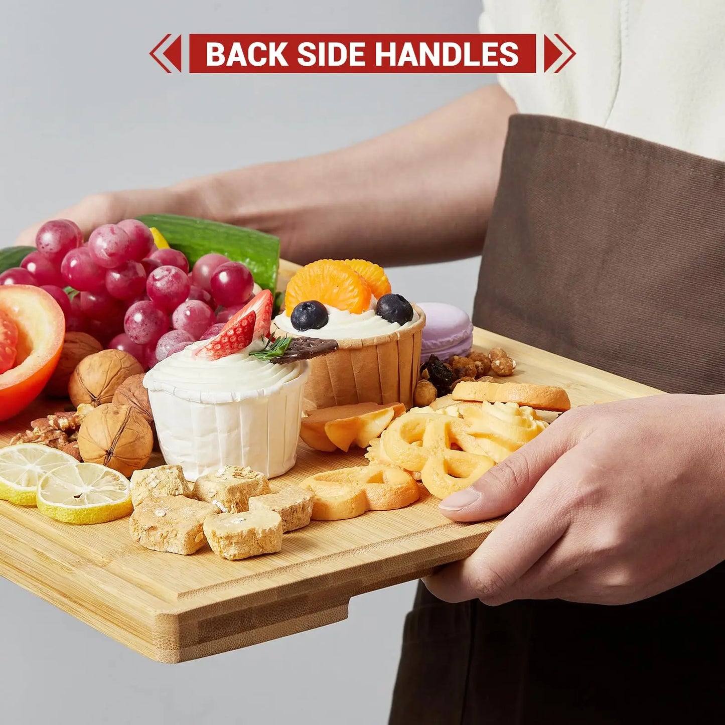 Bamboo Cutting Board Set of 3, Chopping Board Set with Holder, Kitchen Wood Cutting Board Set with Deep Juice Grooves and Inner Handles for Cheese, Meat, Vegetables