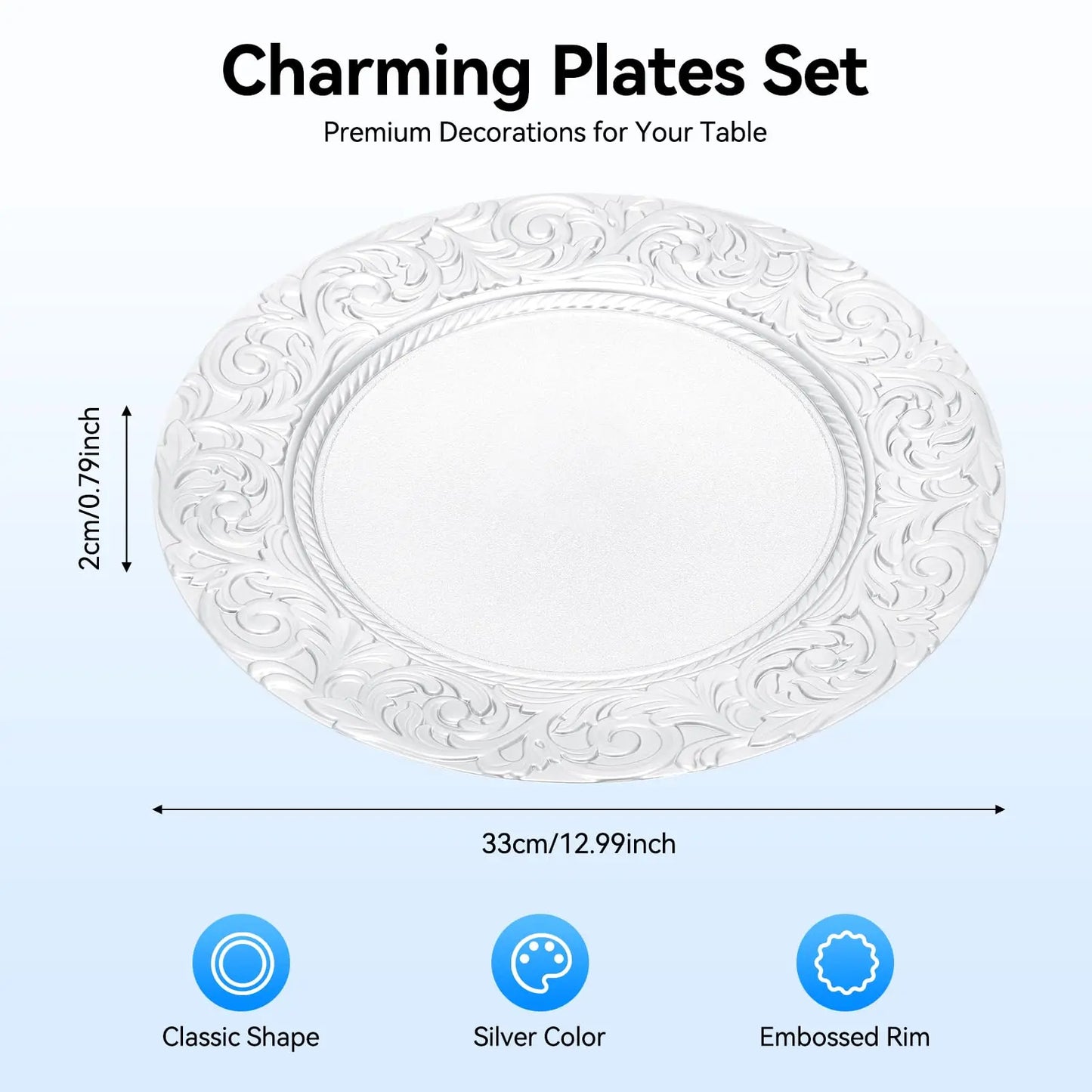 Thanksgiving day Gift 100 Pcs Silver Charger Plates Bulk, 13 In Round Charger Plates, Reusable Serving Silver Plate Chargers wit