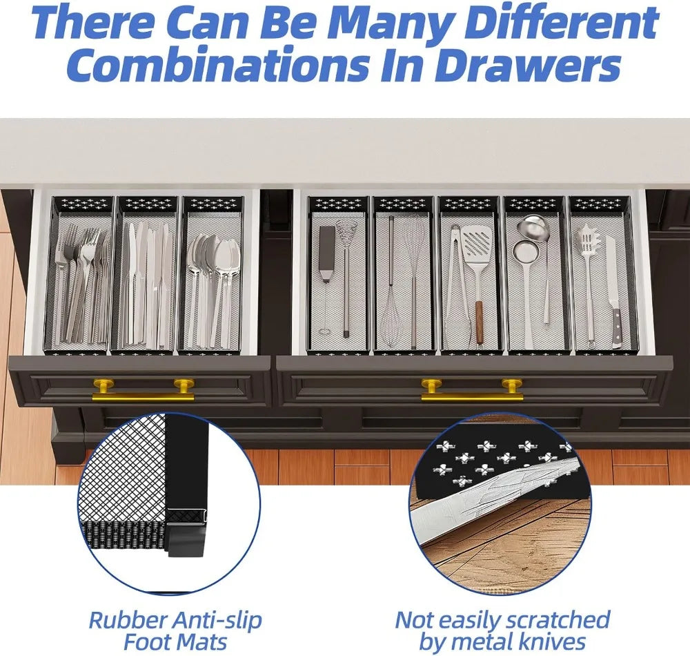 8-Pack Silverware Drawer Organizer, Utensil Holder for Kitchen, Metal Cutlery Tray, Black, 12.2x3.2x2.1 Inches