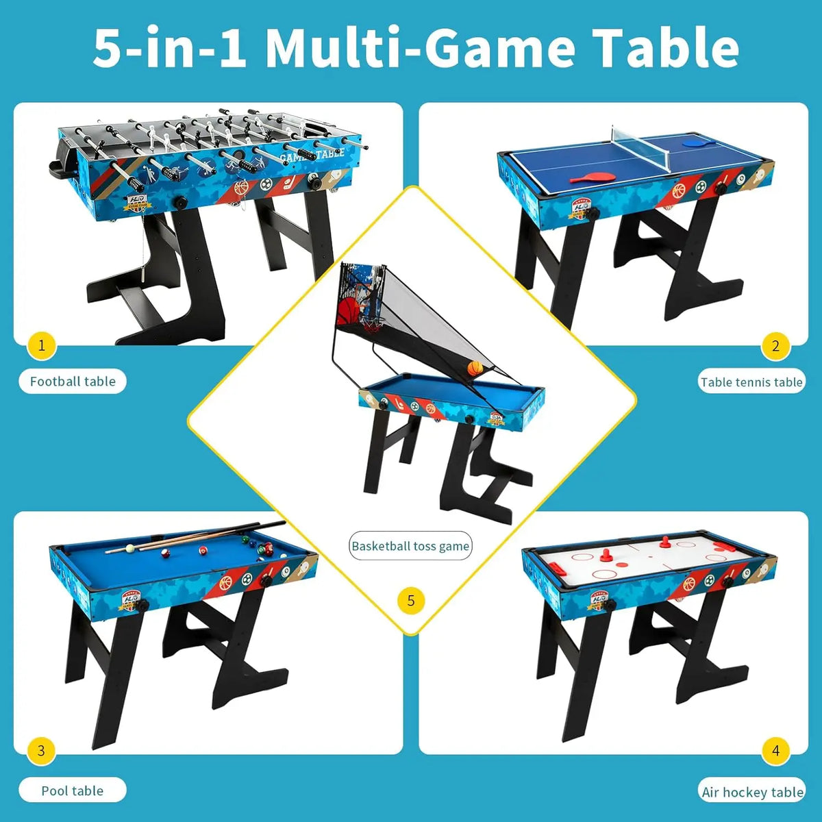 5-in-1 multifunctional play table set for children: tennis table, billiard, football table, air hockey, basketball