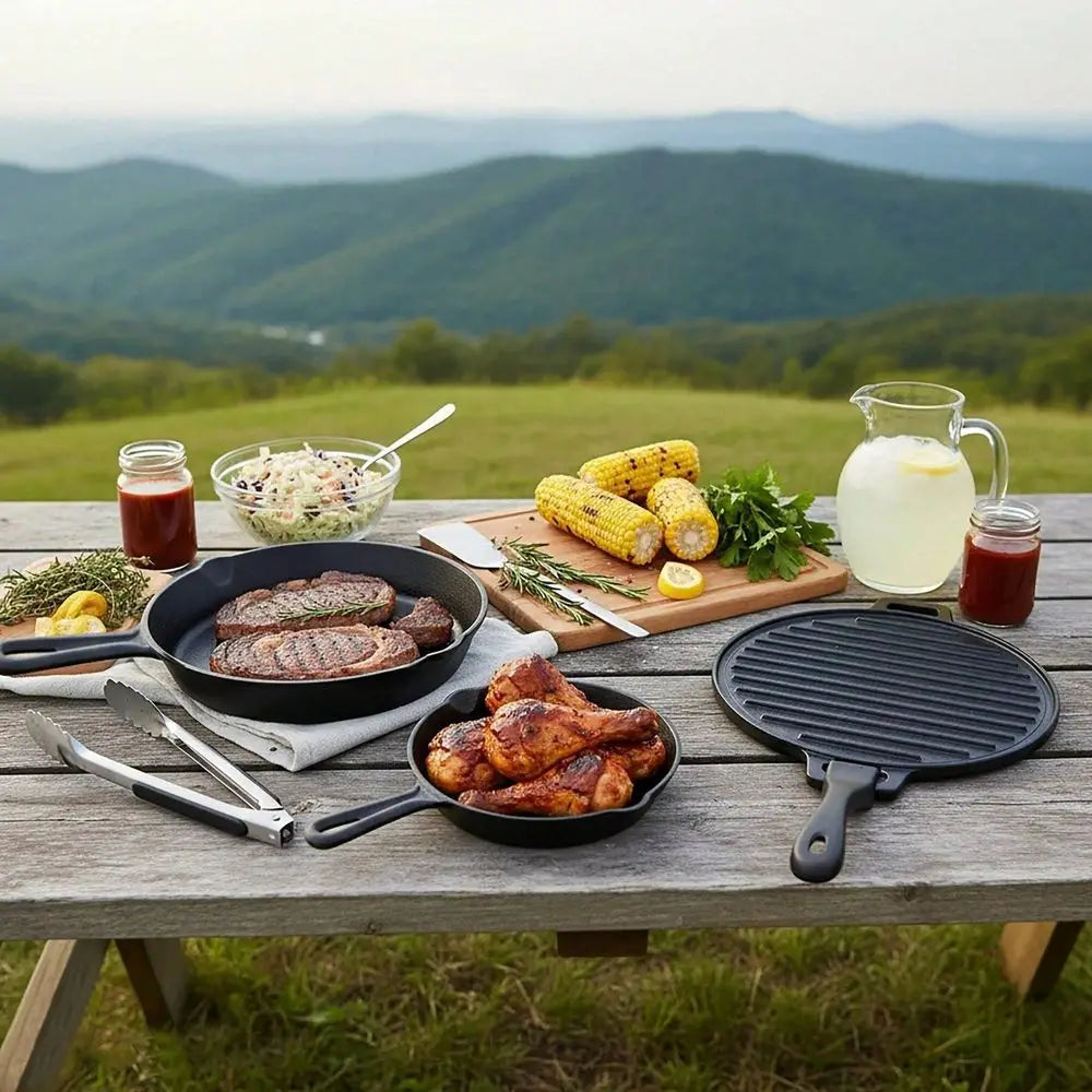 4-Piece Cast Iron Skillet Set With Handles And Griddle, Pre-Seasoned, 6", 10.5", 11"