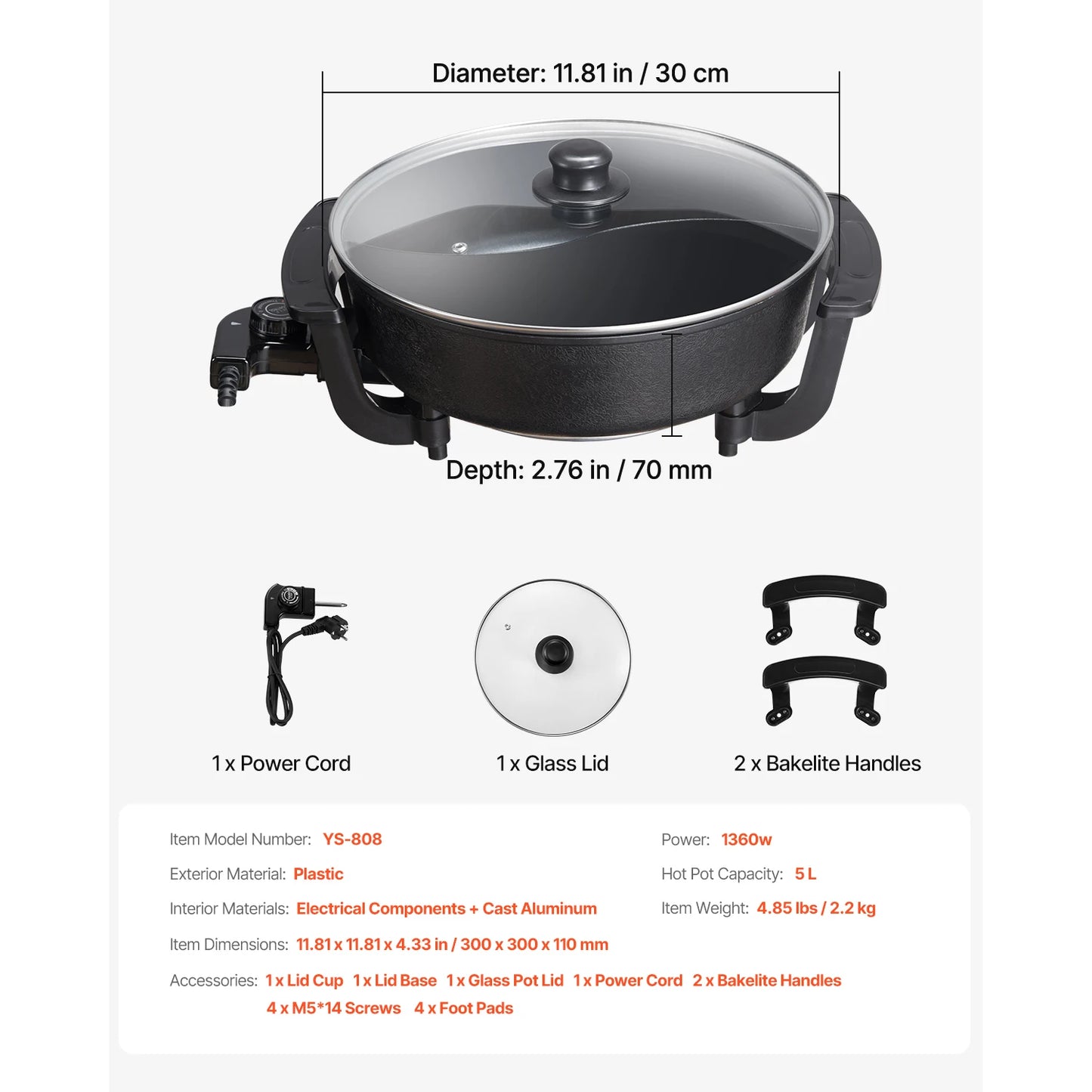 SucceBuy Electric Hot Pot 1360W 5 L Double-flavor Shabu Shabu Pot with Divider Chinese Hotpot for 6-10 People Family Dinning