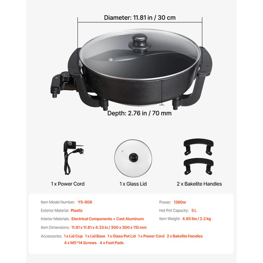 SucceBuy Electric Hot Pot 1360W 5 L Double-flavor Shabu Shabu Pot with Divider Chinese Hotpot for 6-10 People Family Dinning