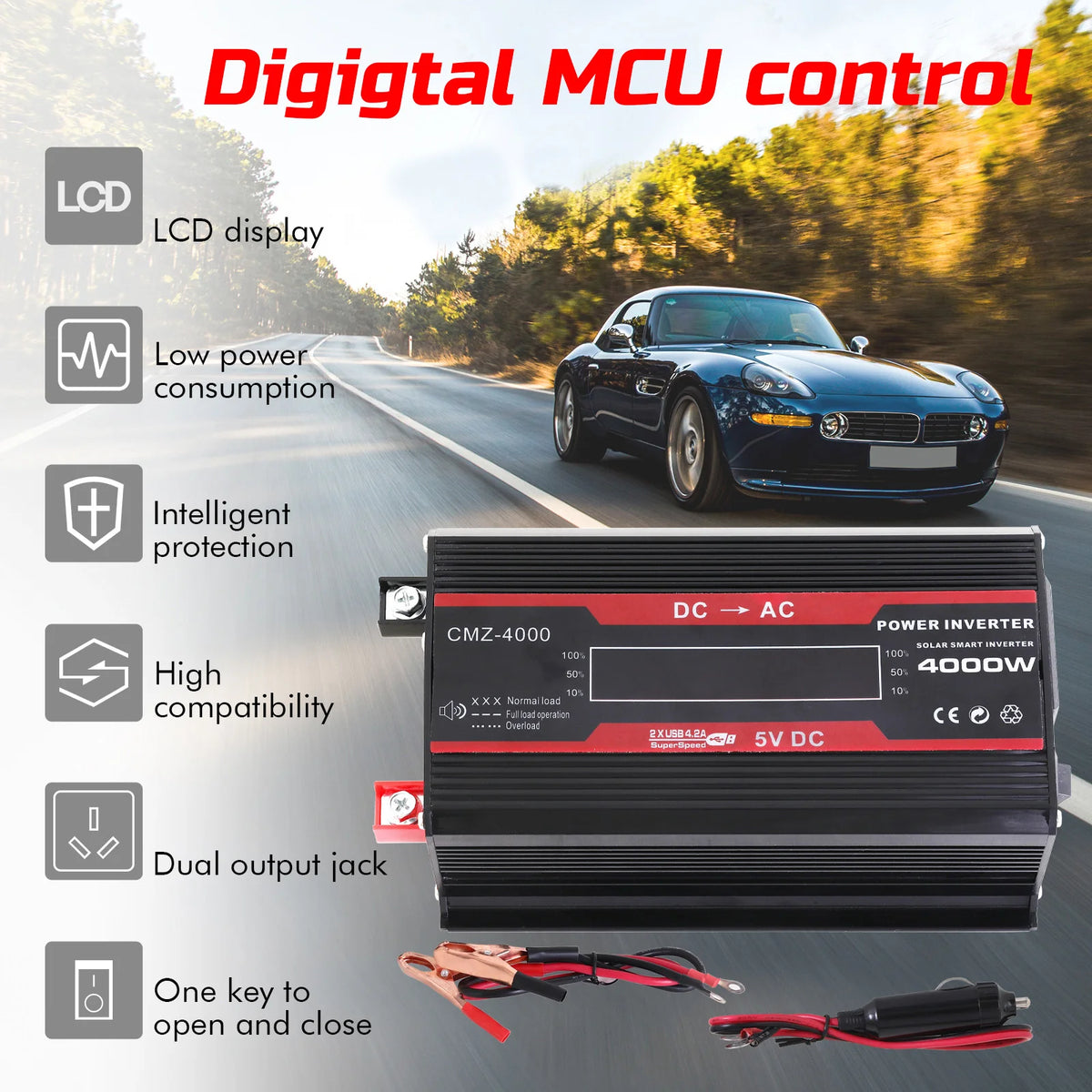 Car Converter Power Inverter DC 12V To AC 110V Converter LCD 3000W Dual USB LCD Display Solar Inverters Portable Power Bank