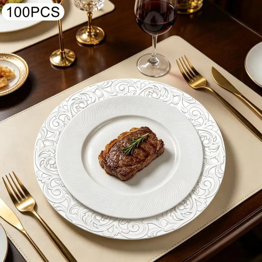 Bymaocar Charger Plate Set of 100 Silver Charger Plates Round Embossed Decorative Serving Plates Lightweight Durable PP Paint Material Impact Resistant Wear Resistant Stackable for Wedding Party Restaurant Home