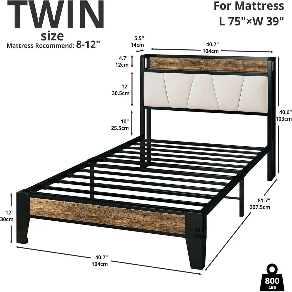 LIKIMIO Twin Bed Frames,Storage Headboard with Charging Station,Solid and Stable, Noise Free, Easy Assembly,No Box Spring Needed