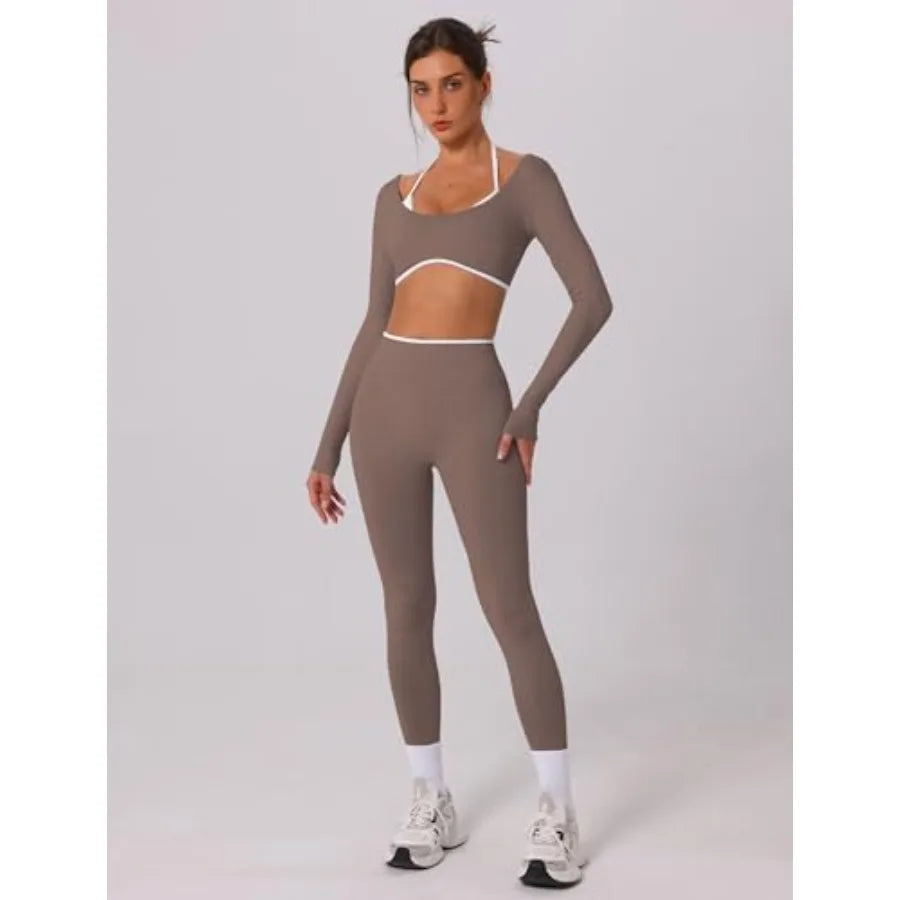 ABOCIW Workout Sets for Women Long Sleeve Crop Top Scrunch Butt Lifting High Waist Leggings 2 Pcs Gym Yoga Outfits