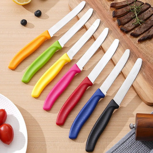 6Pcs Colorful Serrated Steak Knives Set Stainless Steel Sharp Table Cutlery Multi Color Non Slip Handle Western Dinner Knife For Home Restaurant BBQ Meat Cutting Kitchen Tool