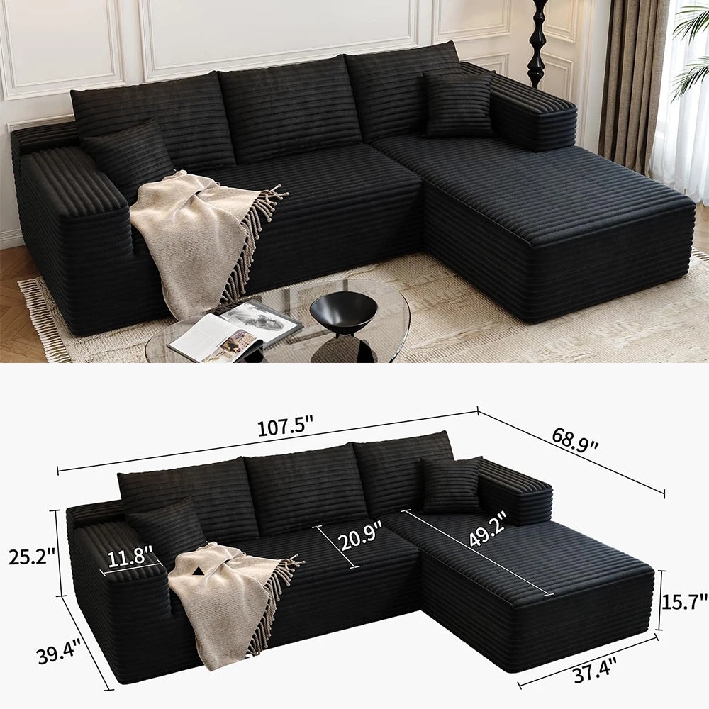 Cloud-style sectional sofa, with corduroy cover, fluffy memory foam cushions, easily assembled, modular recliner, large sofa set