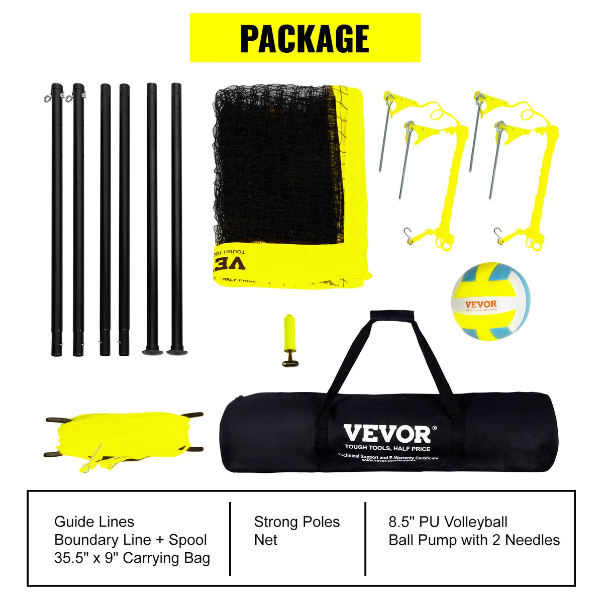 SucceBuy 1.25-1.75inch  Portable Volleyball Net System Adjustable Height Aluminum Poles Volleyball Set w/ Pump Carrying Bag