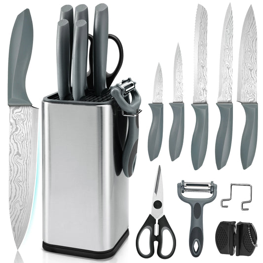 10Pcs Damascus Pattern Stainless Steel Kitchen Knife Set with Stainless Steel Universal Knife Block Peeler Scissors Knife Sharpener Household Chef Paring Cooking Cutlery Kit