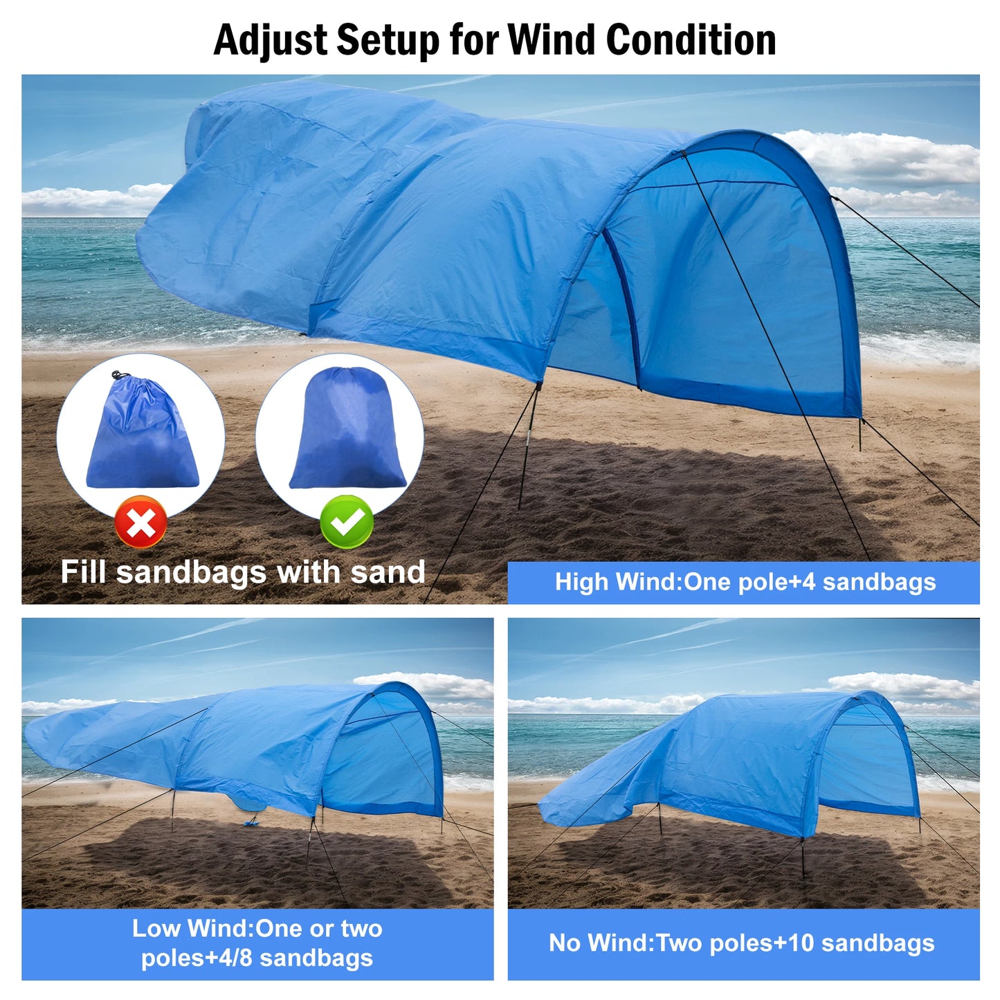 New Beach Shade with Quiet Canopy, The Beach Shade Canopy，Beach Canopy - Covers Up to 8 People, 200 Sq. Ft. of Shade, Sets Up in 3 Minutes, Lightweight, Compact, Wind Assist Included