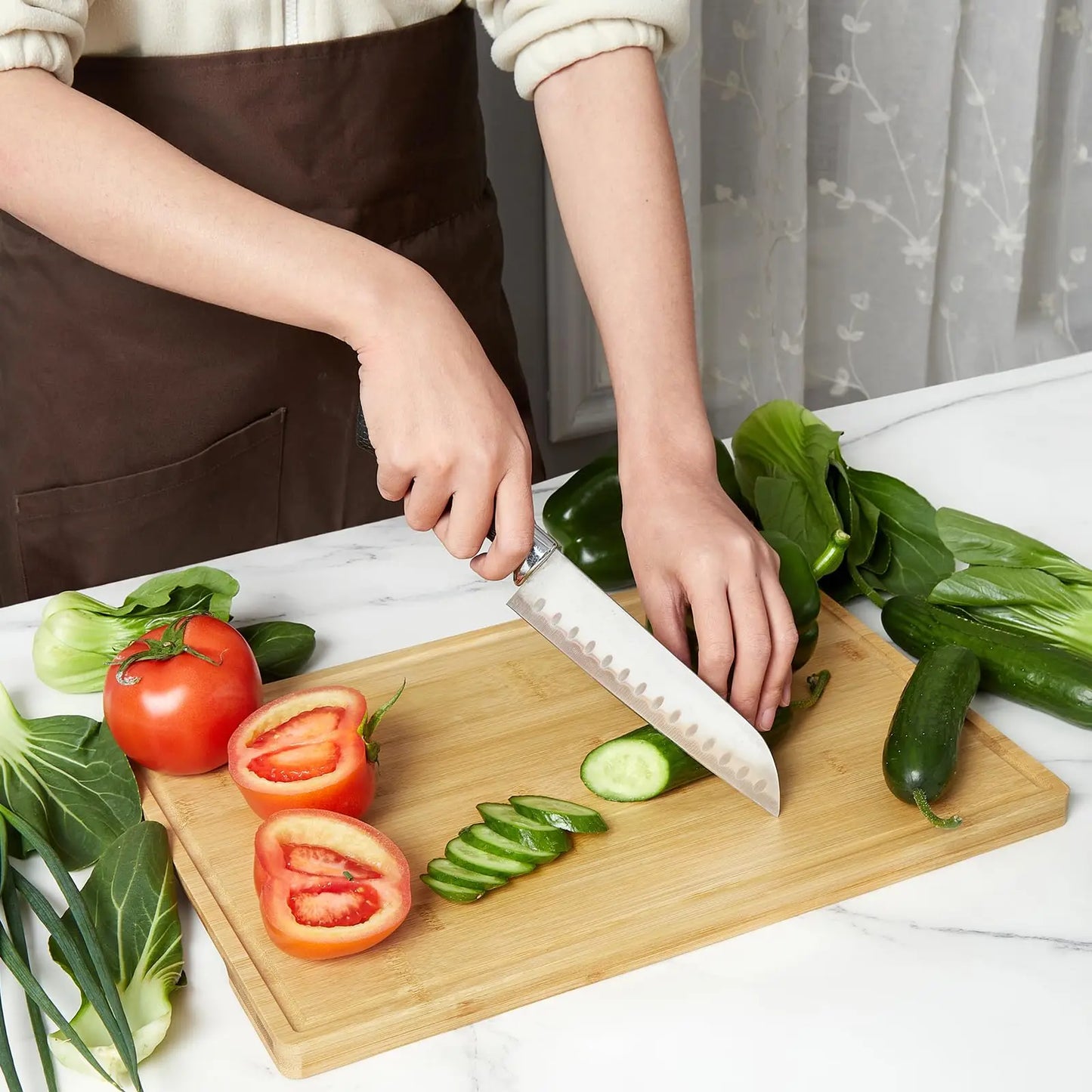 Bamboo Cutting Board Set of 3, Chopping Board Set with Holder, Kitchen Wood Cutting Board Set with Deep Juice Grooves and Inner Handles for Cheese, Meat, Vegetables