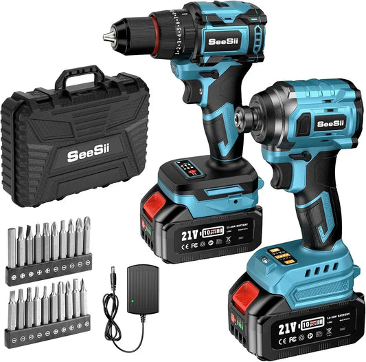 SEESII 3/8'' Drill & 1/4'' Impact Driver 21V Cordless Electric Brushless Drill Impact Wrench Variable Speed Screwdriver Battery Powered Tool Kit with 2x4.0Ah Batteries LED Light