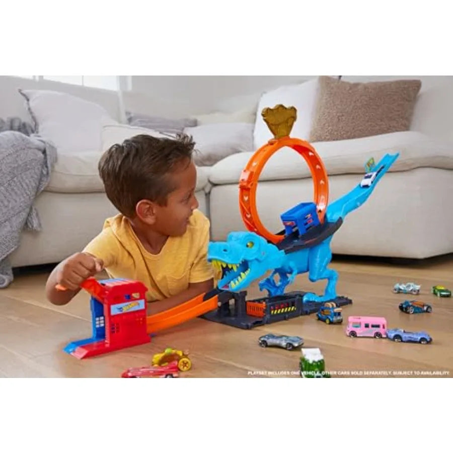 City Track Set with 1 Toy Car, Race Through a Giant Loop to Defeat a Big Dinosaur, T-Rex Loop Stunt and Race Playset