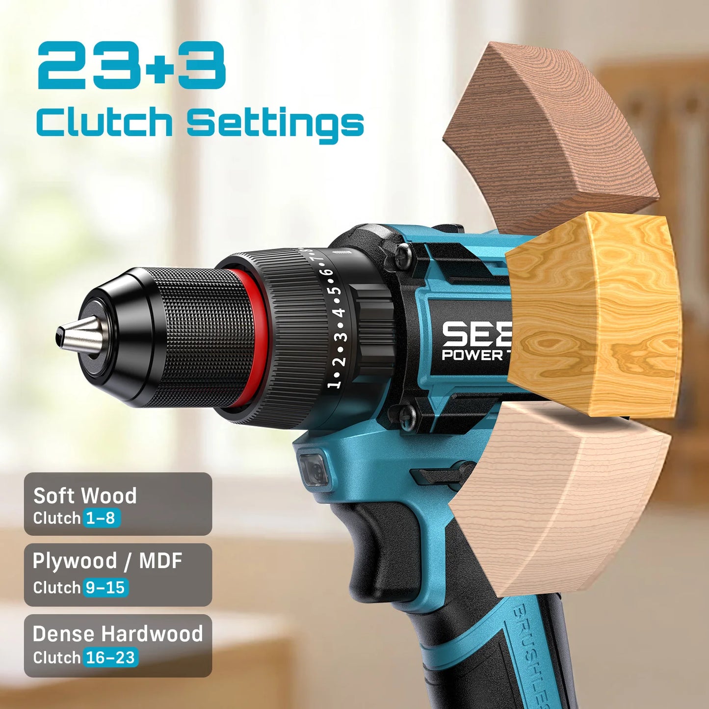 SEESII 3/8'' Drill & 1/4'' Impact Driver 21V Cordless Electric Brushless Drill Impact Wrench Variable Speed Screwdriver Battery Powered Tool Kit with 2x4.0Ah Batteries LED Light