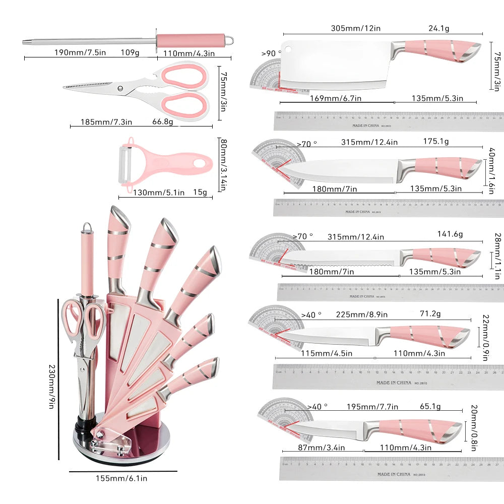 9 Pcs Pink Hollow Handle Stainless Steel Kitchen Knife Set with Rotatable Knife Block, Multipurpose Cooking Cutlery Kit Includes Chef Knife Cleaver Bread Knife Utility Paring Knife, Kitchen Scissors, Fruit Peeler and Sharpeni