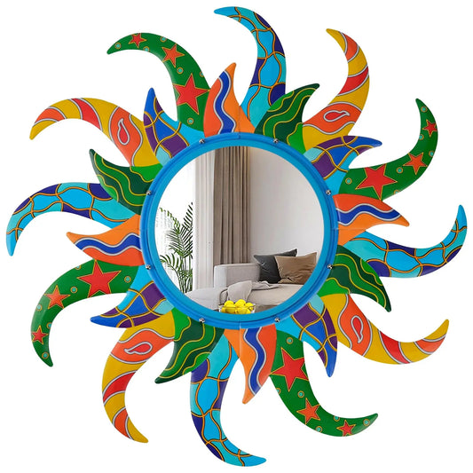 Vibrant Sunburst Metal Wall Mirror 25 Inch Boho Decor For Living Room Bedroom Entryway Bathroom Home Gift