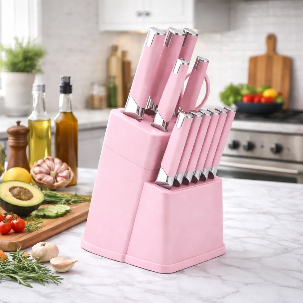 13Pcs Professional Kitchen Knife Block Set with 6 Steak Knives, High Carbon Stainless Steel Knives with Black Non-Stick Coating,