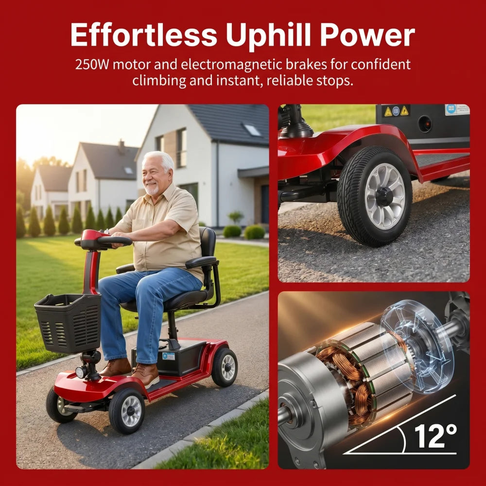 Unificare Red Portable Folding Mobility Scooter Ideal for Adults and Seniors Practical Swivel Seat Stable Anti Tip Design Wear