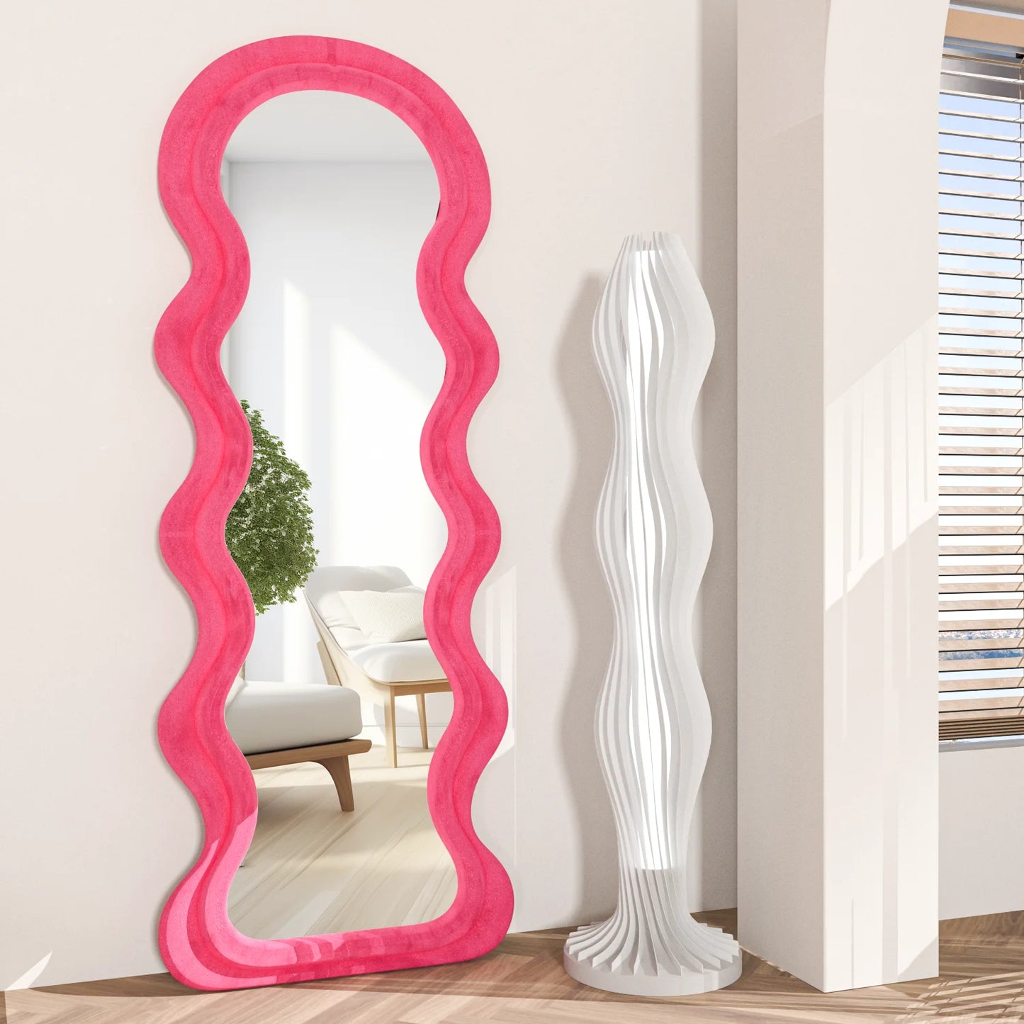 Full Length Floor Mirror With Irregular Wavy Wooden Frame