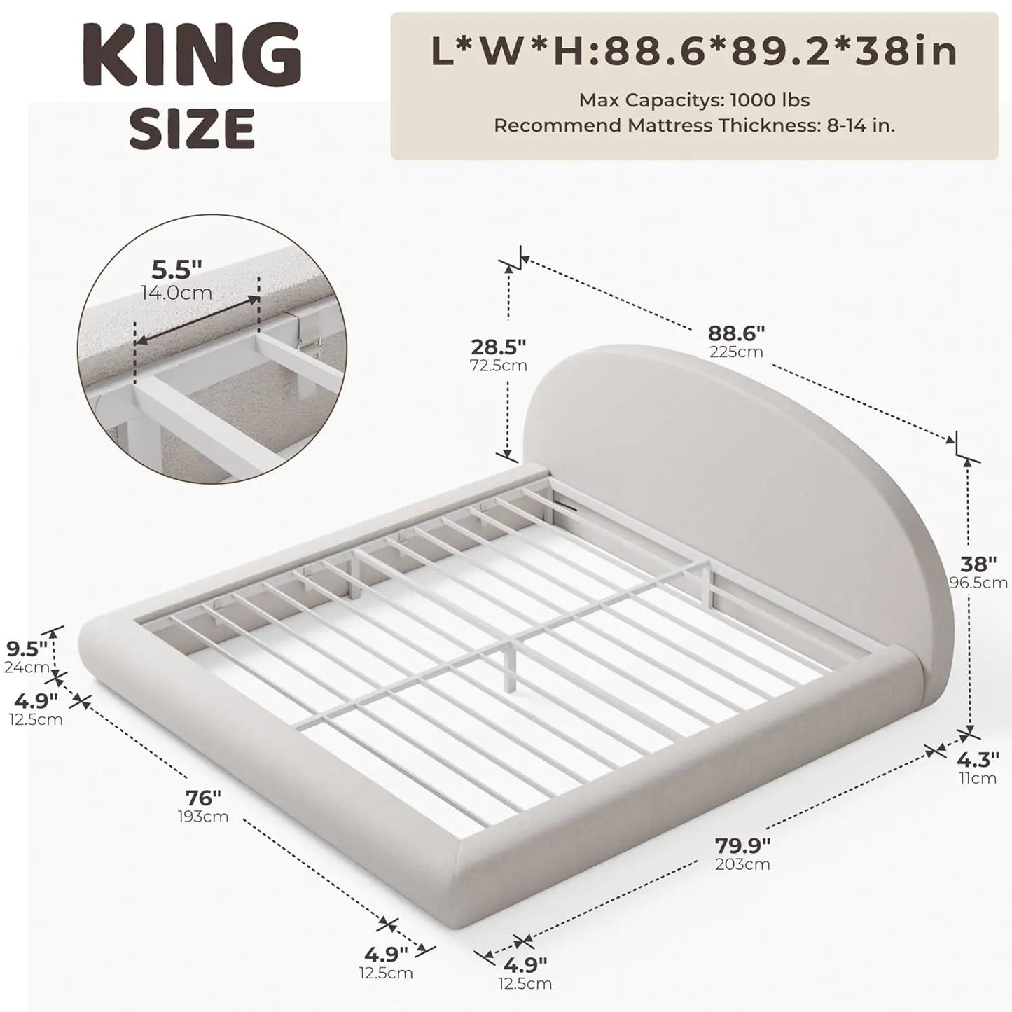 Arched Velvet King Platform Bed Frame, Cushioned Headboard, Foam Base, No Box Spring, Low Profile, Bedroom Furniture, Customized