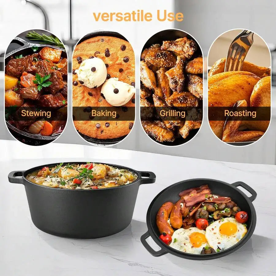 2-In-1 Pre-Seasoned Cast Iron Dutch Oven Pot With Skillet Lid Cooking Pan, Cast Iron Skillet Cookware Pan Set With Dual Handles Indoor Outdoor For Bread, Frying, Baking, Camping, BBQ, 5QT